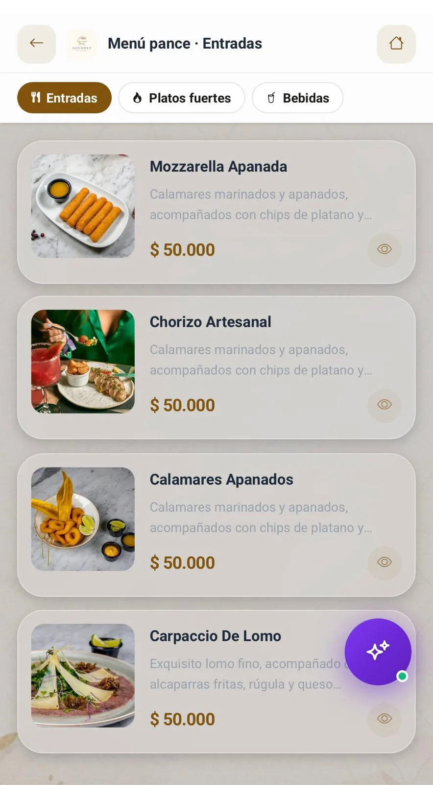 Platos en menú digital para restaurante