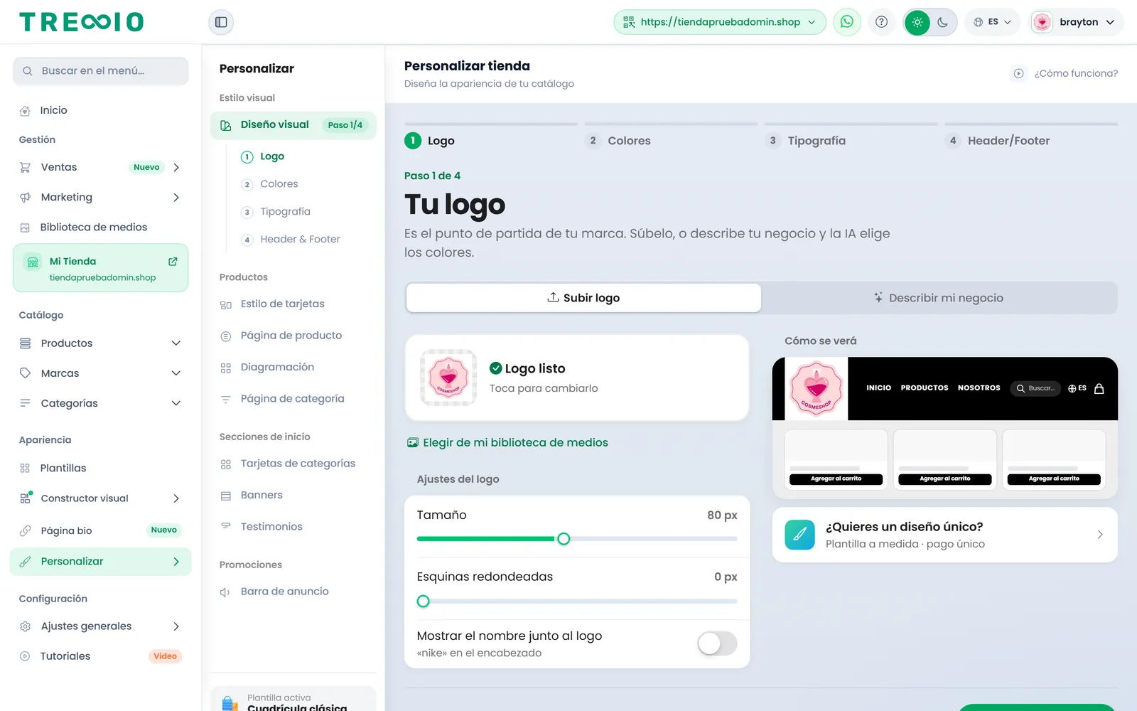 Editor de apariencia de la tienda en Treggio
