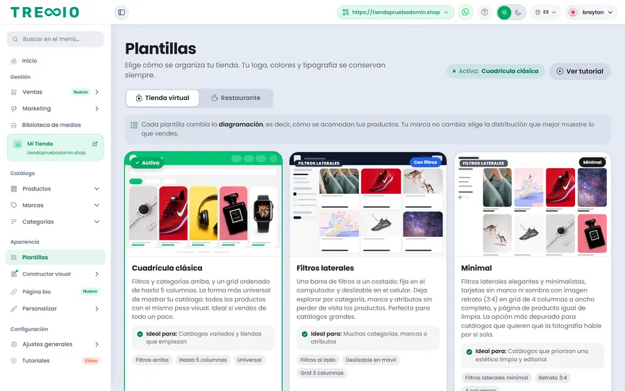 Selector de plantillas del panel de Treggio