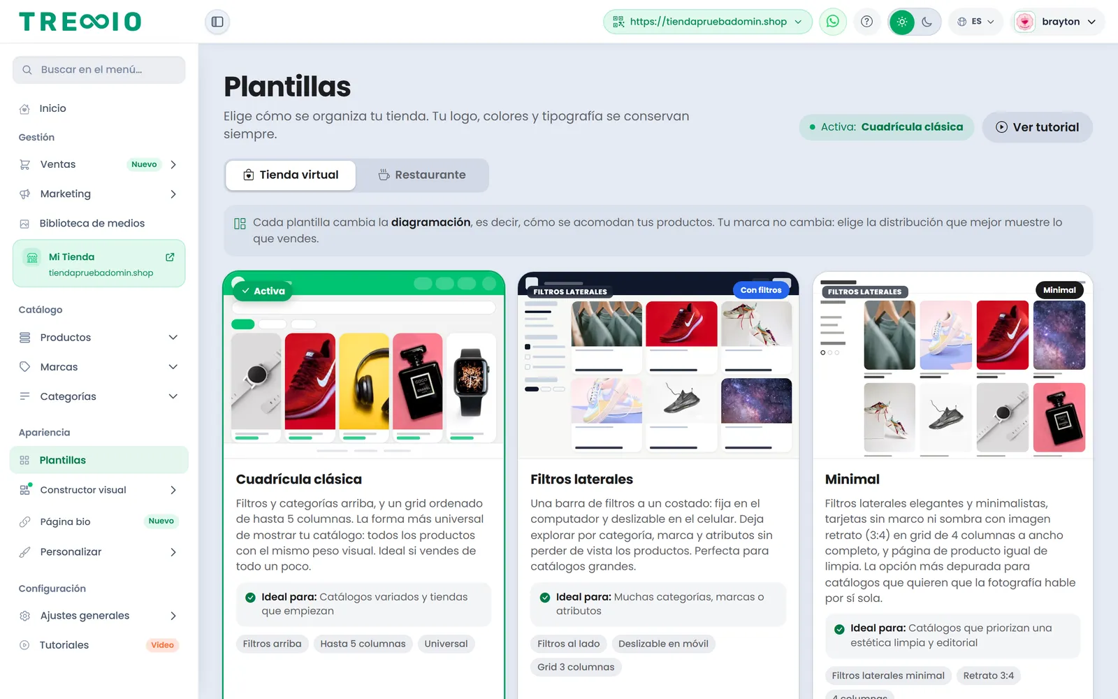 Selector de plantillas de tienda virtual en el panel de Treggio