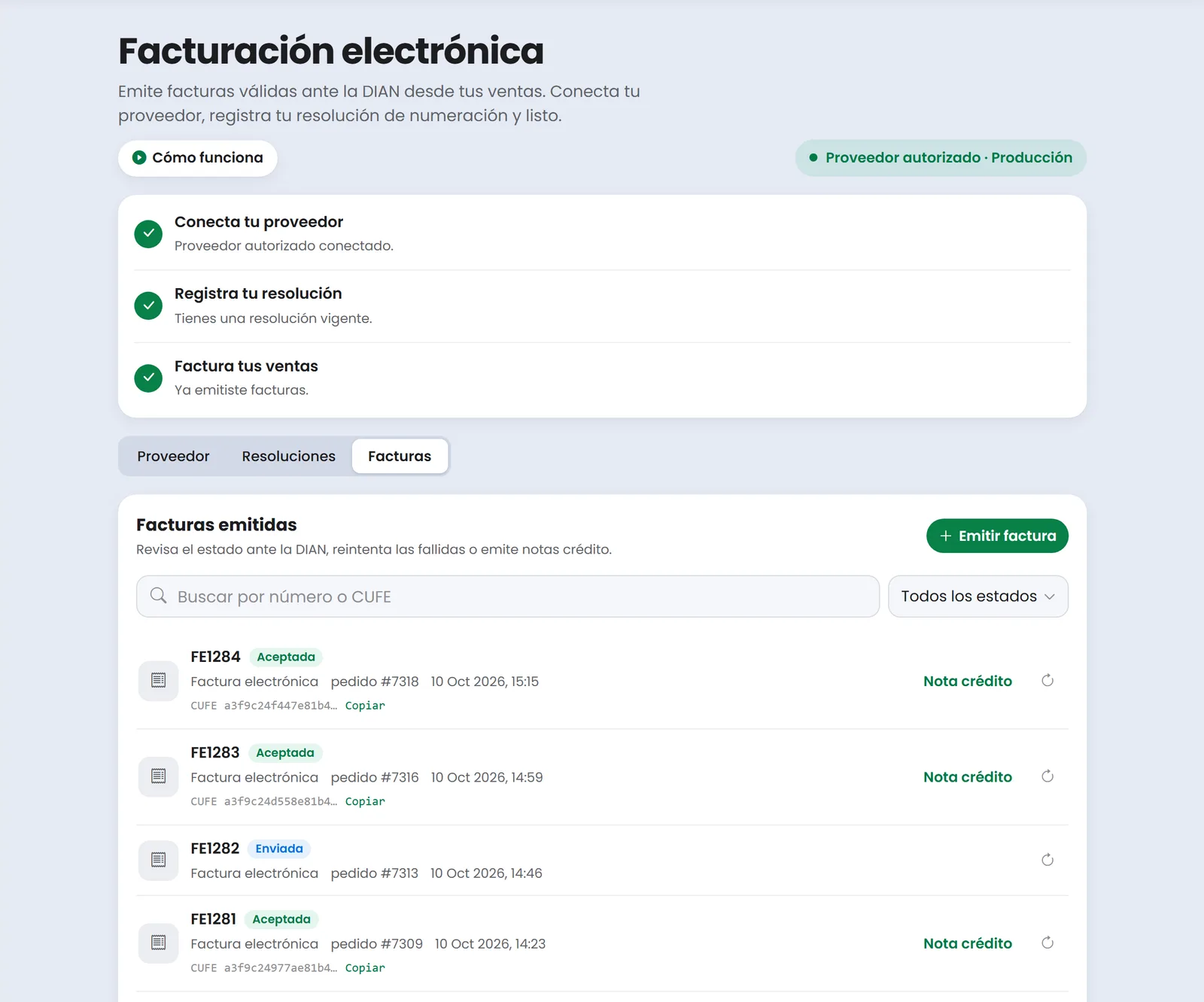 Pantalla de facturación electrónica de Treggio con el proveedor, la resolución y las facturas emitidas