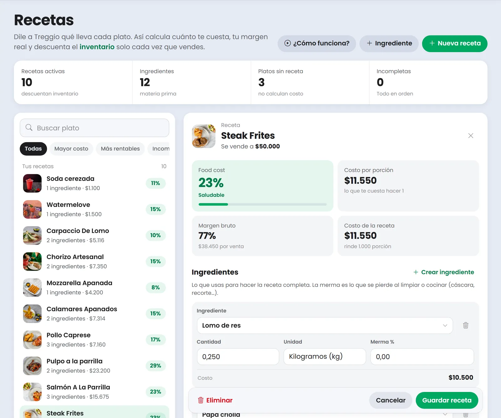 Receta del Steak Frites en Treggio con food cost de 23 % y margen