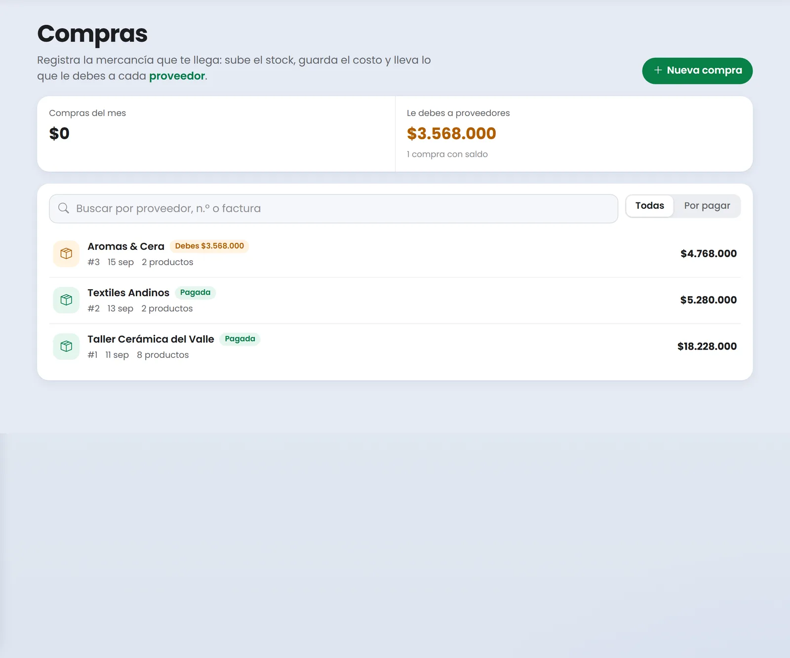 Compras de mercancía a proveedores registradas en Treggio con lo pagado y lo que queda por pagar