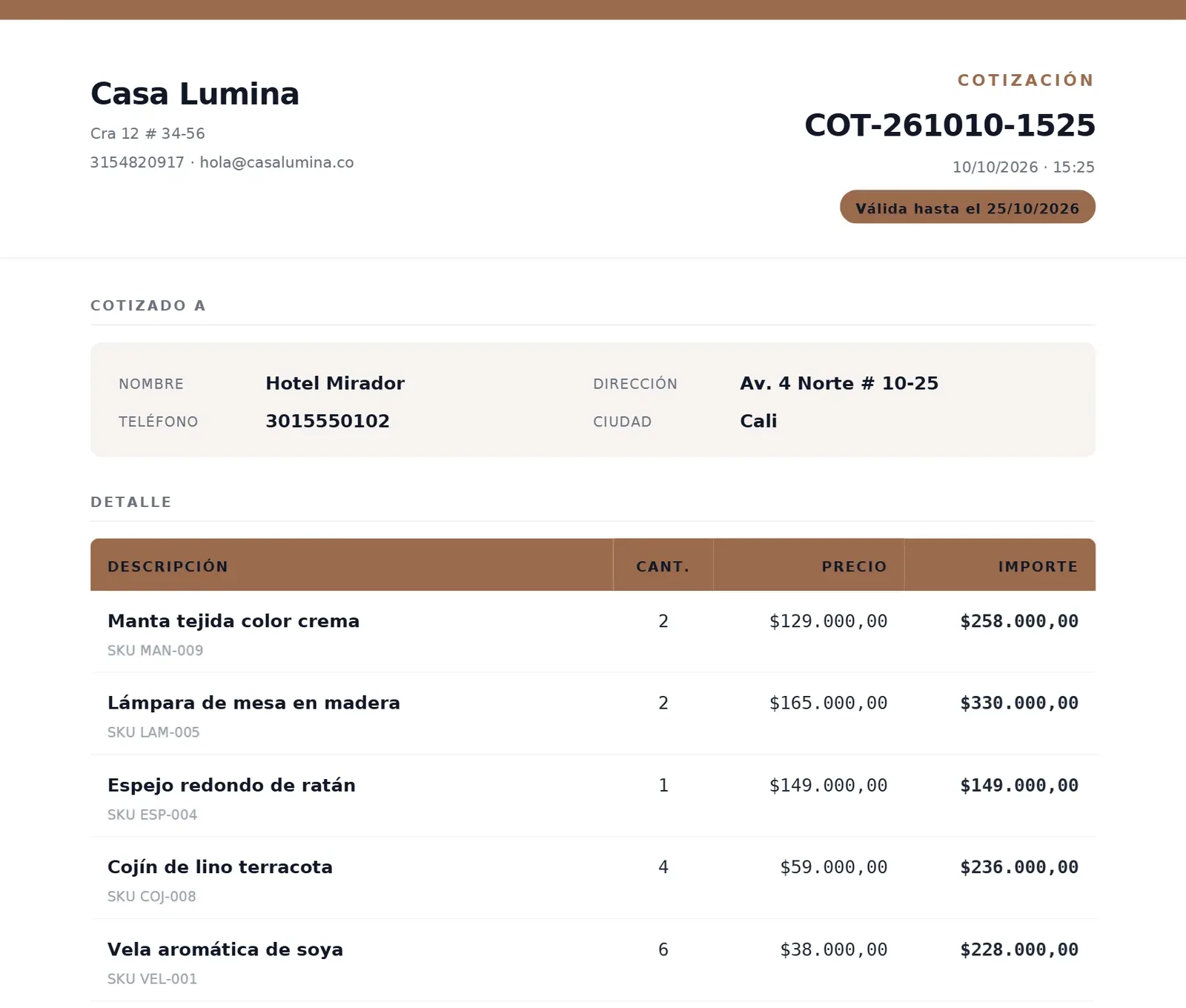Cotización en PDF generada con Treggio con el logo de la tienda, los productos y la fecha de vigencia