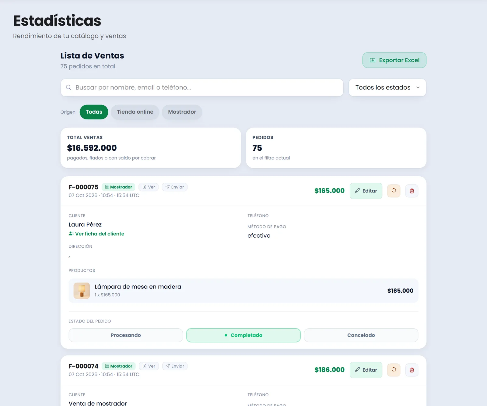 Lista de ventas de Treggio con pedidos de mostrador y de la tienda online, total vendido y exportación a Excel