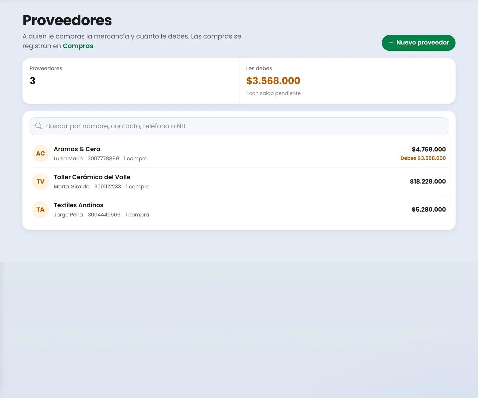 Lista de proveedores de Treggio con lo que se le ha comprado y lo que se le debe a cada uno