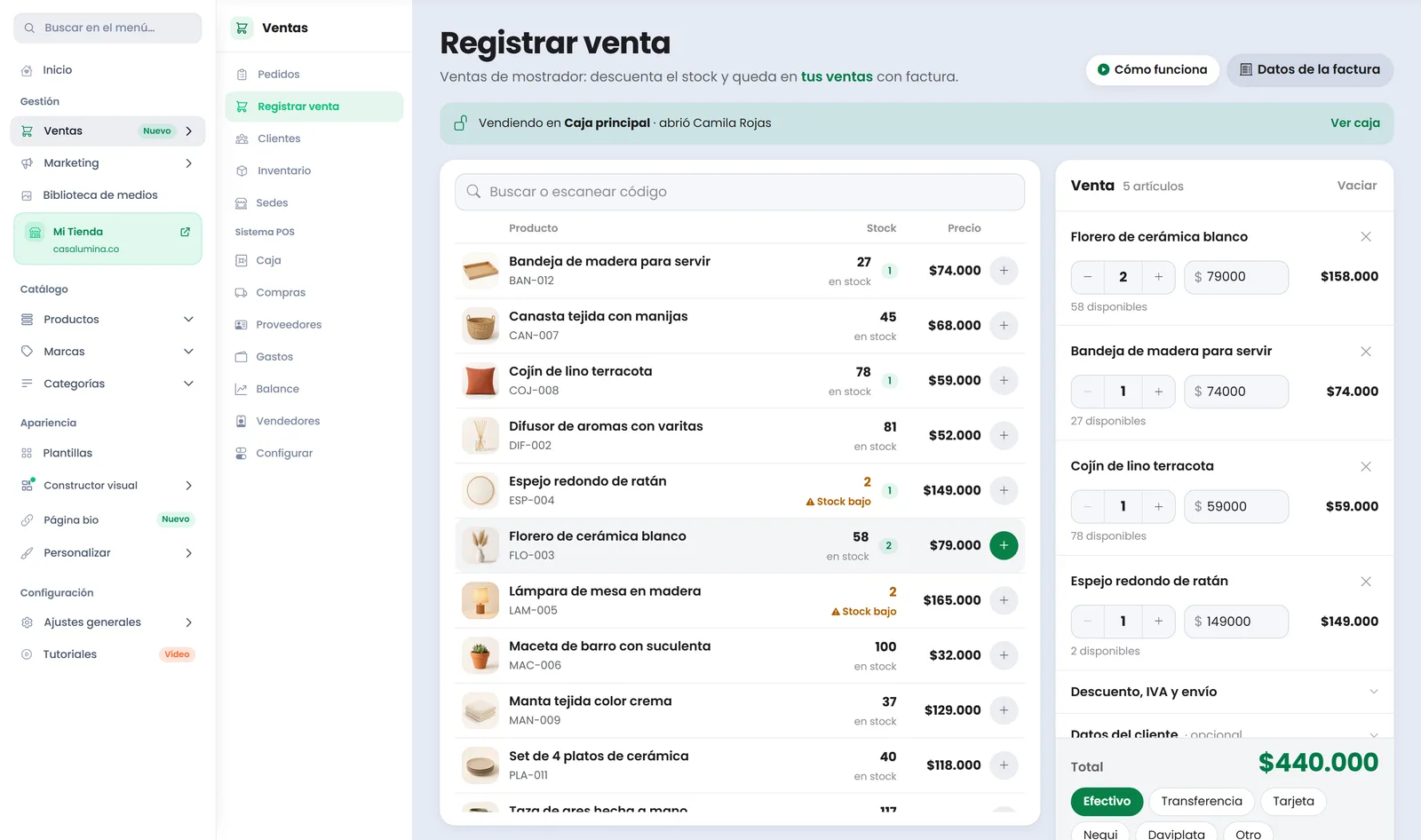Sistema de gestión de Treggio: pantalla Registrar venta con los productos, el stock y una venta en curso