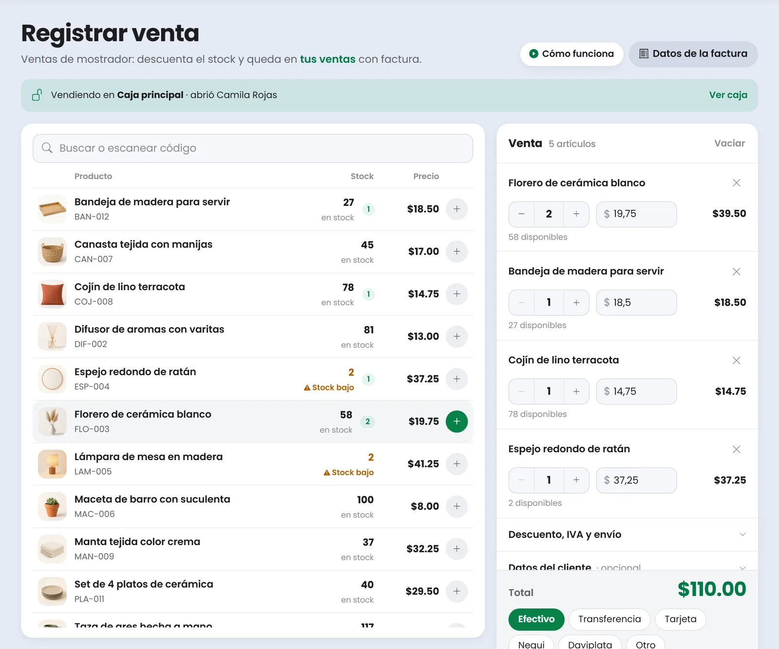 Registrar venta de Treggio con productos de hogar, stock y una venta de 110 dólares lista para cobrar