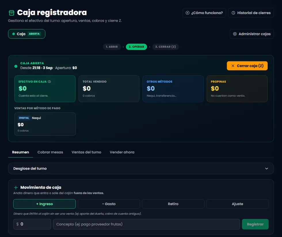 Caja registradora de Treggio con apertura de turno y Reporte Z