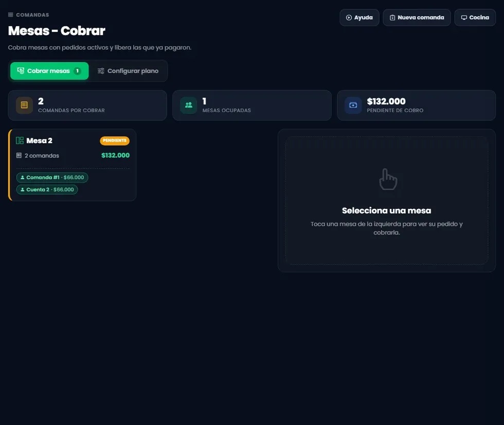 Pantalla de mesas y cobro con comandas pendientes por cobrar