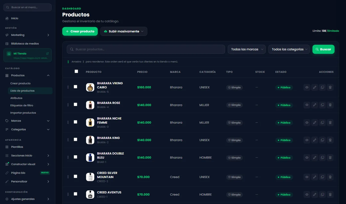 Panel de productos de una tienda virtual creada con Treggio