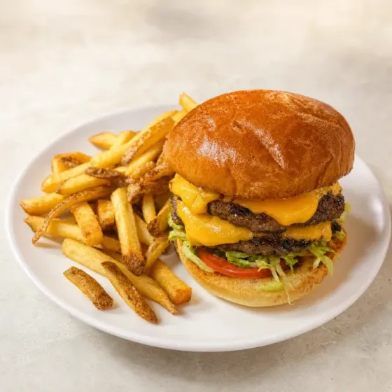 Hamburguesa con papas en una foto para la carta creada con el Estudio IA