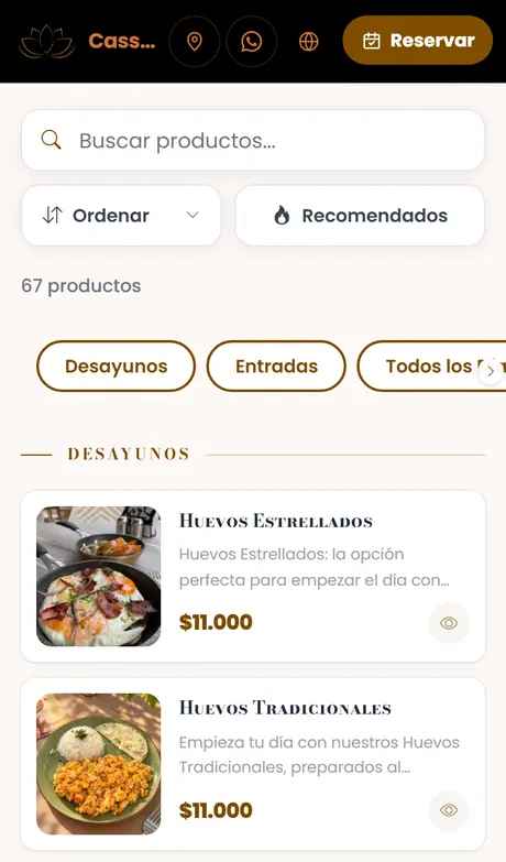 Menú digital del restaurante Cassava hecho con Treggio