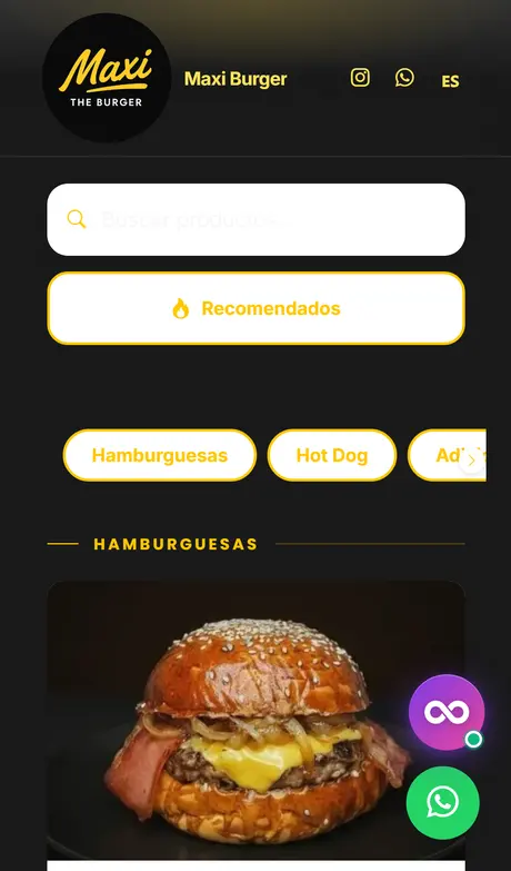 Menú digital con QR de la hamburguesería Maxi Burger creado con Treggio