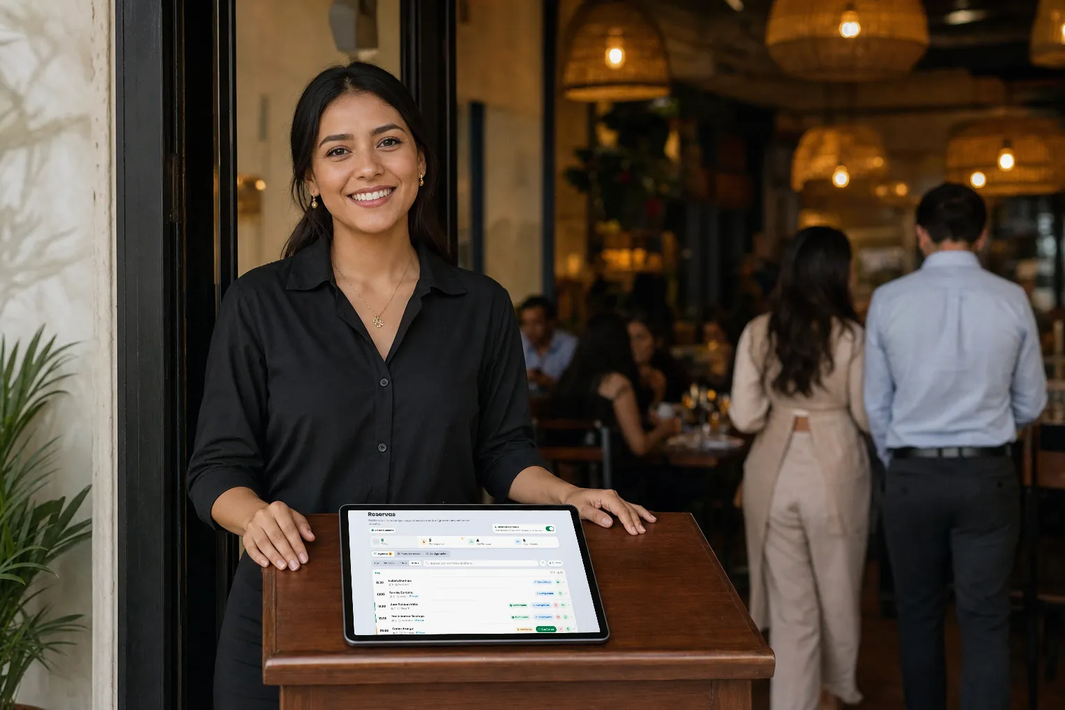 Anfitriona de un restaurante revisando las reservas del día en una tablet