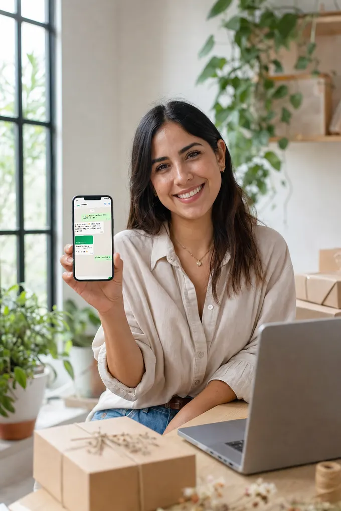Emprendedora mostrando en su celular un chat de WhatsApp con el equipo de Treggio