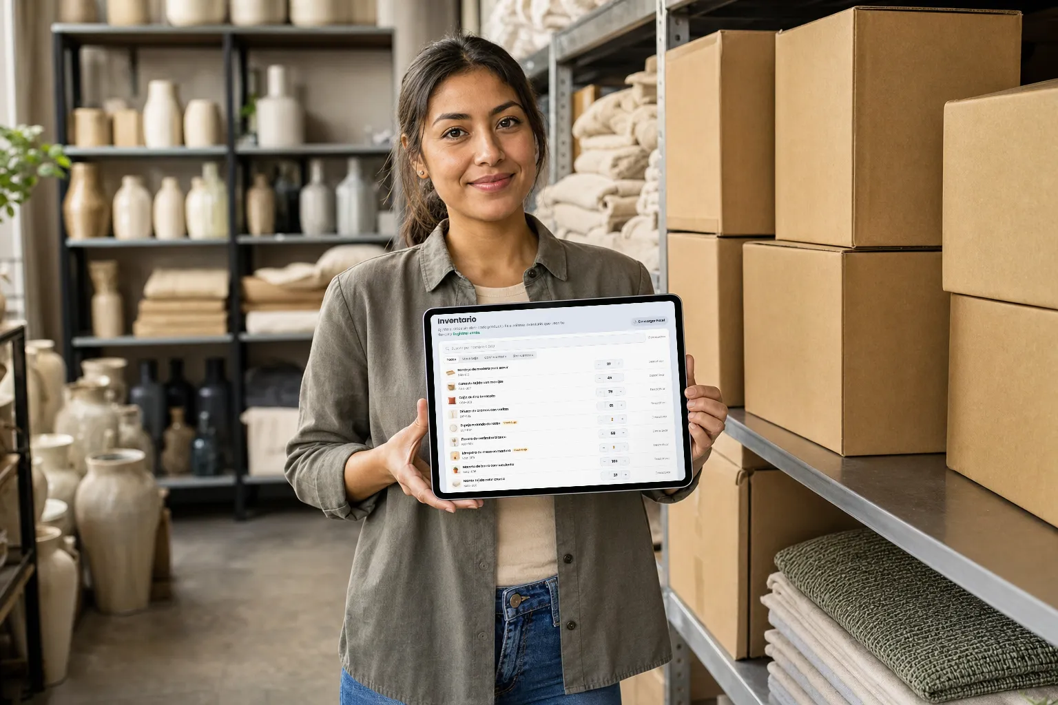 Empleada en la bodega de una tienda mostrando el inventario de Treggio en una tablet