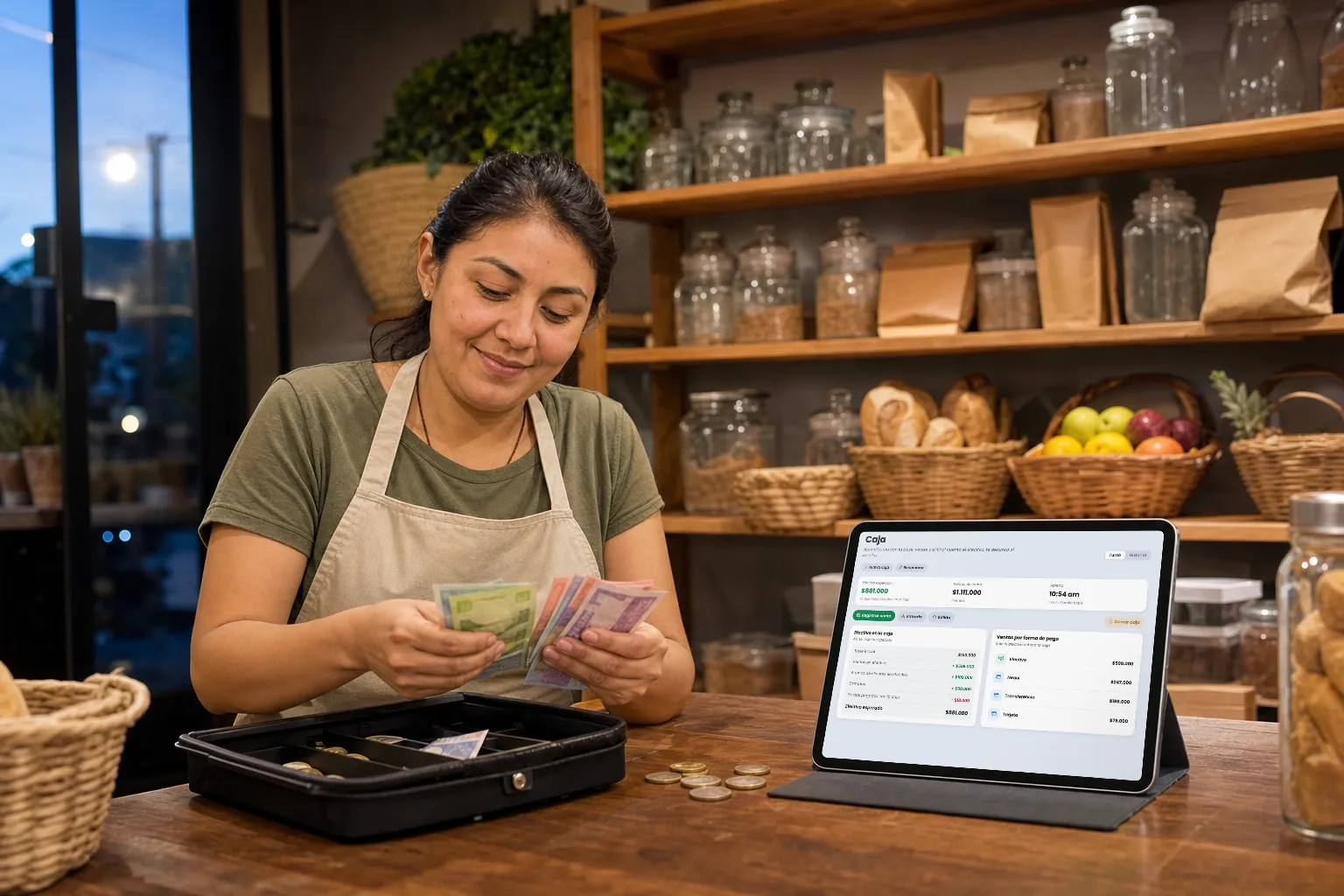 Cajera de una tienda contando el efectivo al cerrar la caja, con la caja de Treggio abierta en una tablet