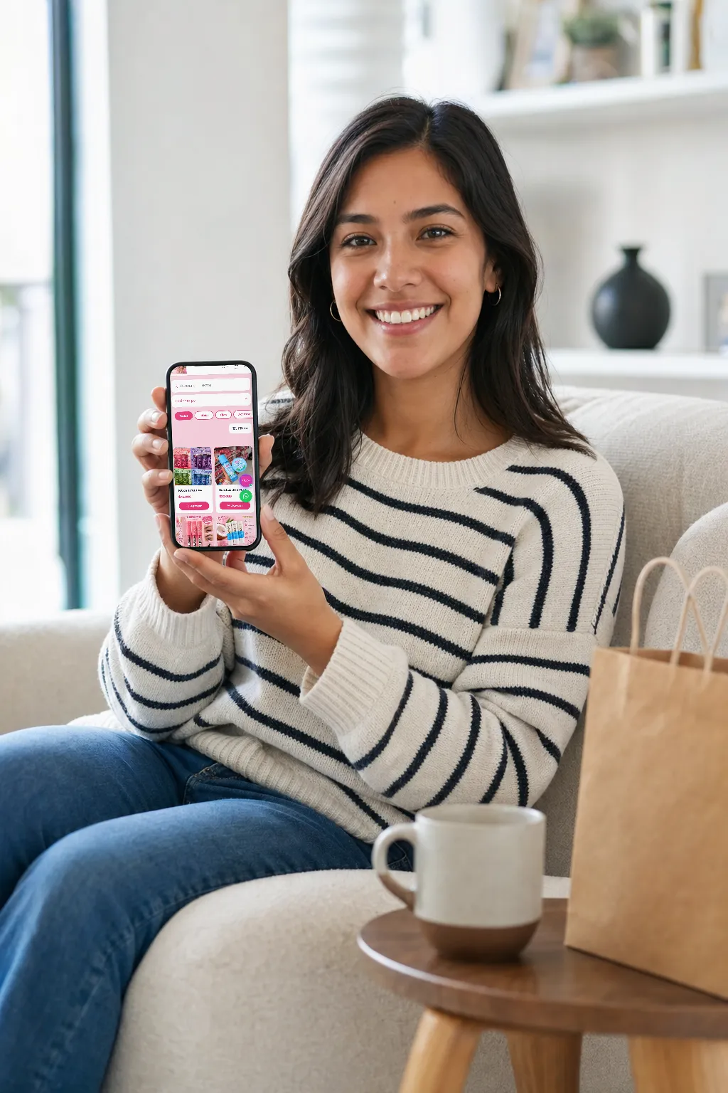 Clienta comprando en una tienda virtual desde su celular en casa