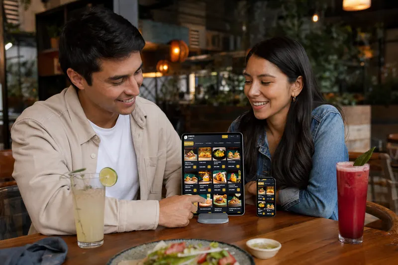 Clientes pidiendo en una tablet de mesa