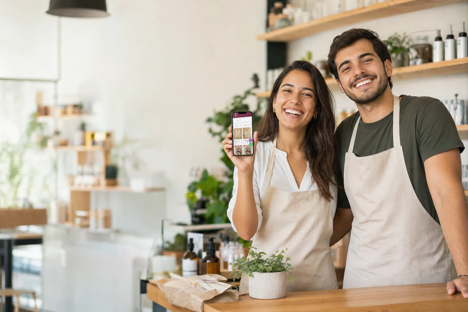 Dos emprendedores en su tienda mostrando su tienda virtual en el celular