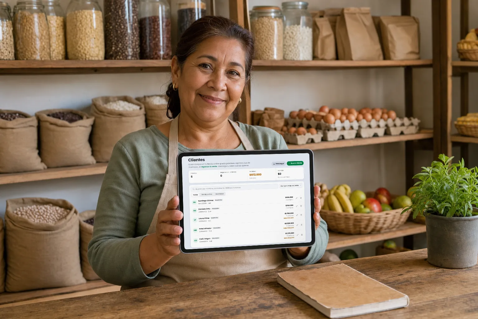 Dueña de una tienda de barrio mostrando en una tablet su lista de clientes y lo que le deben