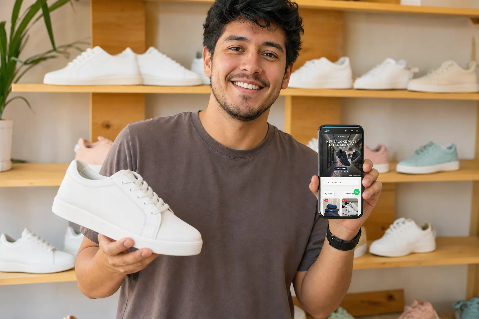 Dueño de una tienda de tenis mostrando su catálogo en el celular