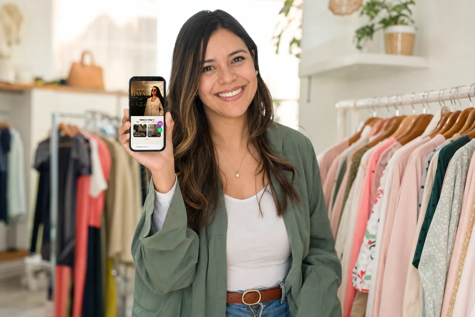 Emprendedora en su boutique mostrando su tienda virtual en el celular