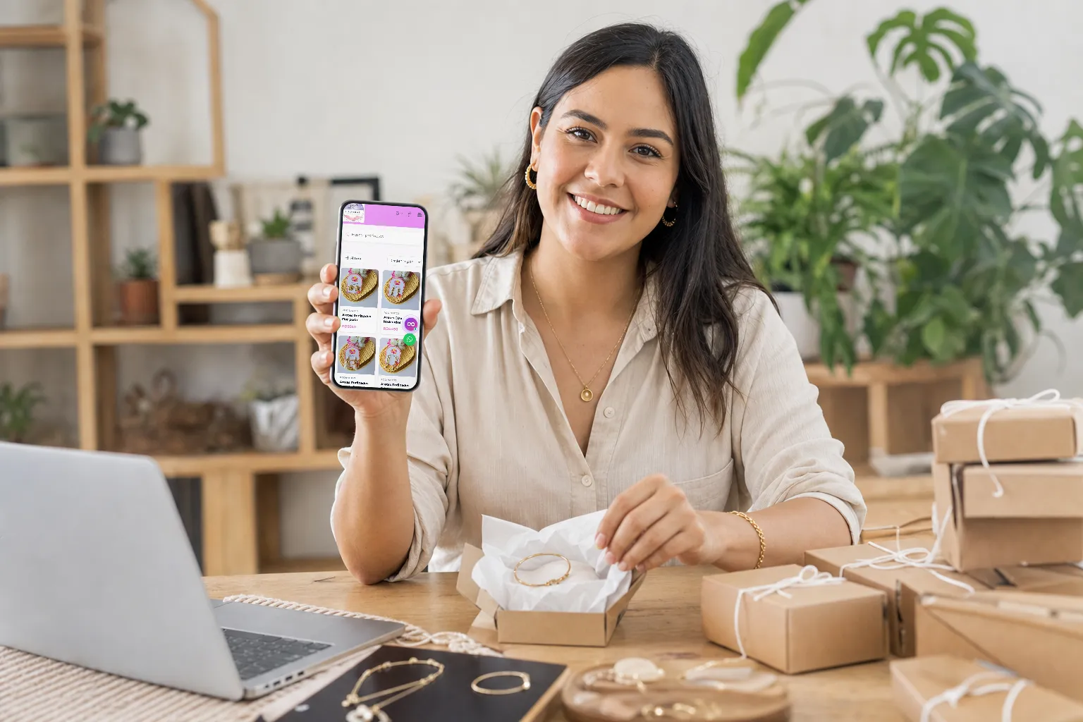 Emprendedora empacando pedidos en casa con su tienda abierta en el celular