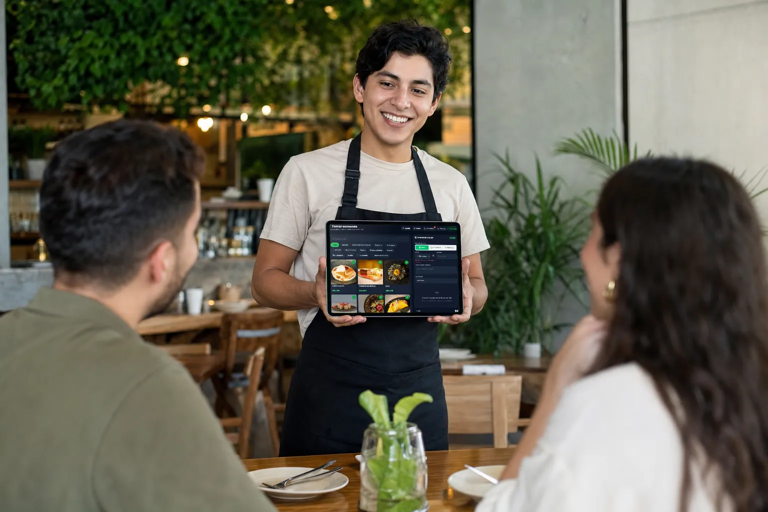 Mesero atendiendo una mesa con la tablet de Treggio